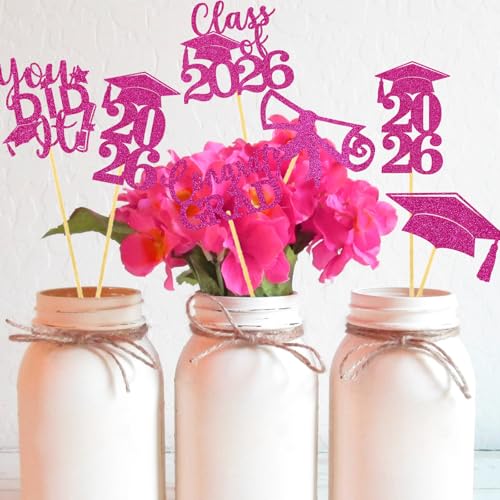 Image of Graduation Centerpiece Sticks 24PCS Glitter Grad Picks Party Table Decor Senior High School College Sign HotPink