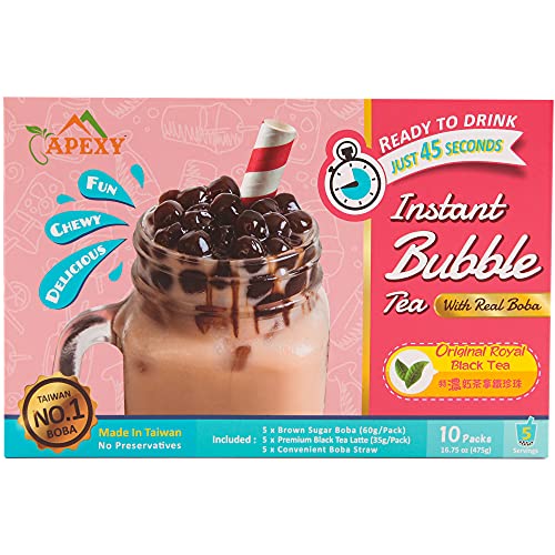 APEXY Bubble Tea Complete Set with Real Boba Pearls, Best DIY Boba / Bubble Tea Kit, Ready In 45 Seconds, 5 Packs Milk Tea Powder + 5 Packs Brown Sugar Tapioca Pearls + 5 Bubble tea Straws (Original)