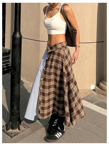 MakeMeChic Women's Y2k Striped Plaid Midi Skirt Low Waist Button Front Skirts3