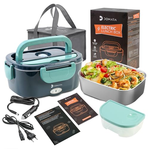 DOMARA Fiambrera Electrica 3 en 1 80W y 1,5L – taper electrico para comida con recipiente de acero inoxidable y adaptador coche/camión (12V/24V/220V) – ideal para comer caliente en oficina o ruta