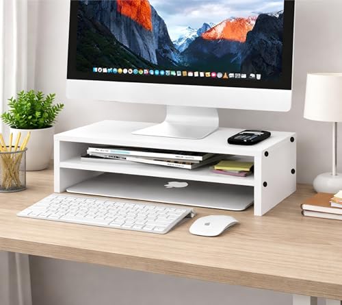 Image of Enigmatic Woodworks Wooden Monitor Stand with Storage Organizer for Desk, Tables, Office, Home, Studio, Study Table (White)