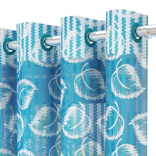 Image of Window Curtains 5 Feet Set of 10 | Leaf Design Transparent Sheer Curtain | Blue Polyester Window Curtain | Curtains for Living Room | 118 x 152 cm | Perfect for Home Decor