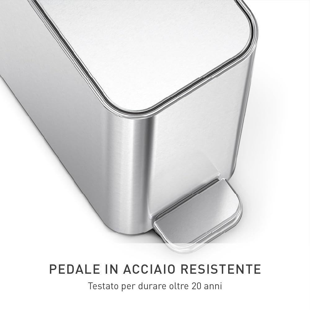 simplehuman Pattumiera da bagno in acciaio inox spazzolato, profilo sottile, 5 litri