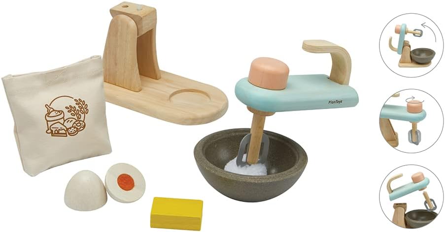 PlanToys® Wooden Stand Mixer Toy for Kids | Montessori Pretend Play Kitchen Appliance with Mixing Bowl, Egg, Butter & Flour | Toddler Baking Set & Cooking Toy for Ages 2+