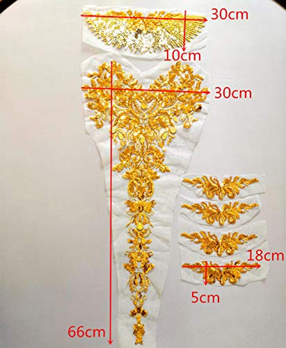Embroidered Floral Gold Color Rhinestone Sequins Lace Applique Trim Patches Great For Diy Neckline Bodice Wedding Bridal Prom Dress #TOP1