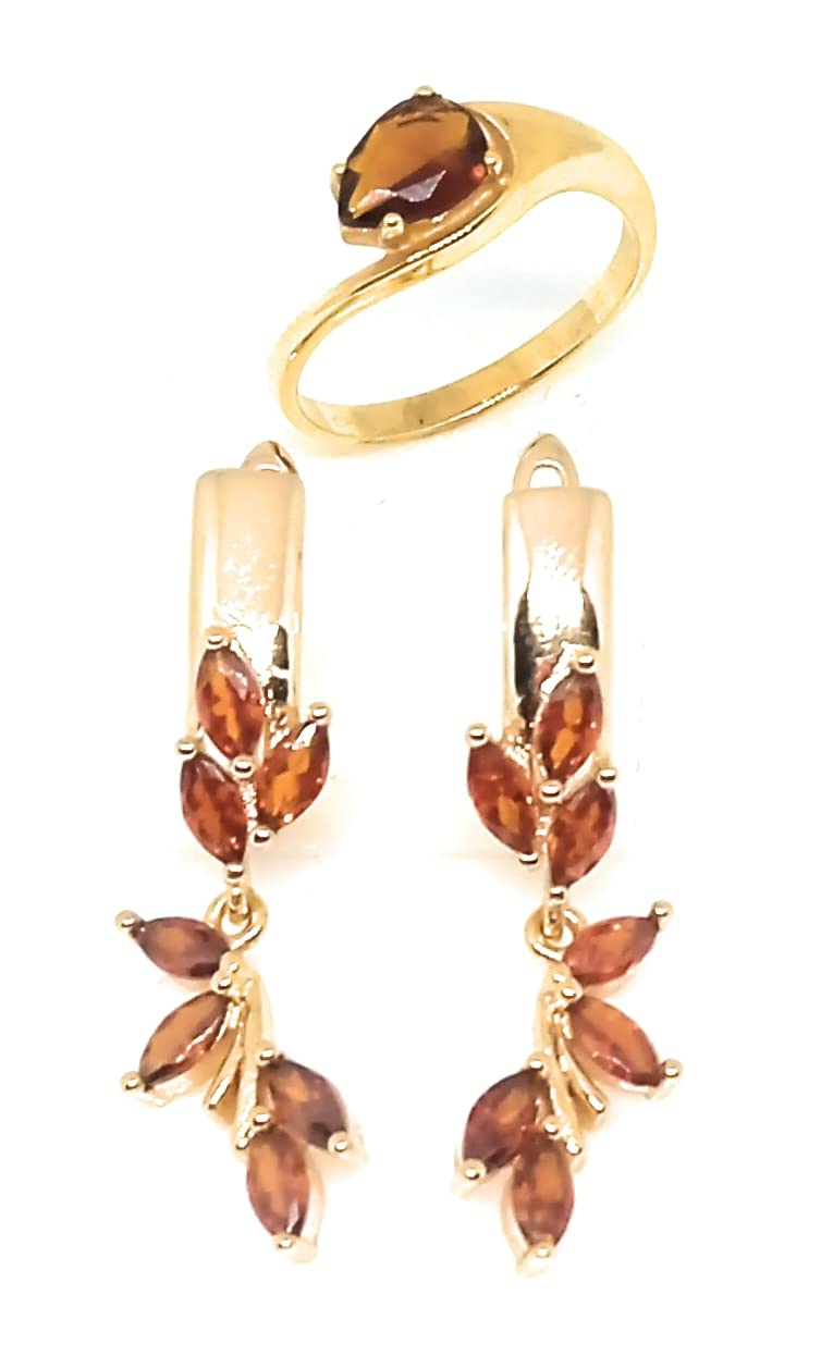 Juego de joyas Gerbera con pendientes y anillo de granate para lucir en cenas y bodas 5