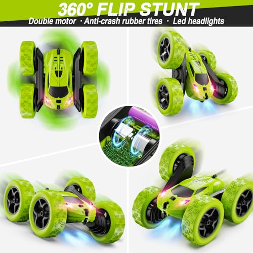 QUNREDA Remote Control Car for Kids Ages 6+, RC Cars Stunt Car Toy 4WD Double Sided 360° Rotating Remote Control with Headlights, Birthday Xmas Gifts for Boys 6 7 8 9 10 11 12 Green - Image 4