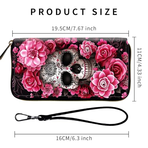 Wallet,Leather Long Wallet Suitable For Ladies And Teenagers - Detachable Wristband + RFID Travel Wallet With Card Slot - Skull with Flowers2