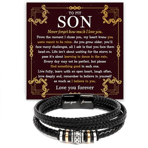 To My Son Bracelet From Father And Mother With Heartfelt Message & Elegant Box, Love You Forever Bracelet Braided Leather, Men's Gift For Son On Christmas, Graduation, Birthday