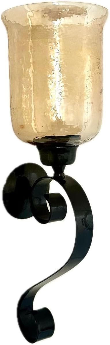 Decorative Wall Sconce, Black Metal Scroll Design, Gold Glass Hurricane, 23" H