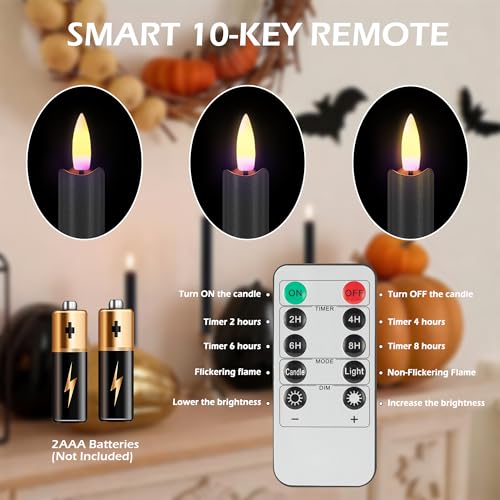 Image of JOIONE Black Flameless Taper Candles with Remote, 3 Pack Halloween Decor | Battery Operated LED, Black Real Wax, Remote Control, Warm Flickering Glow, Safe Halloween Home & Party Decor