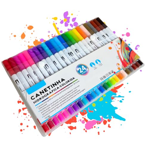 Canetinha Ponta Dupla para Colorir Kit Estojo de Canetas Escolar Marcador Coloridas Permanente Duas Pontas Desenho Ponta Fina (24)
