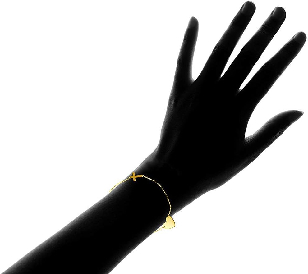 DECADENCE 10K Yellow Gold Diamond Cut Polished Heart Charm and Sideways Cross Bracelet, 7