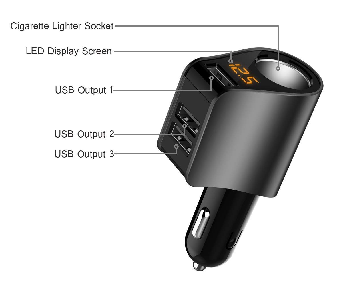 Adaptador de mechero de Coche con 3 USB y medidor de Voltaje, Compatible con iPhone 8/7/X/6S/XR, iPad, Samsung Galaxy S9/S8, iPad, GPS, teléfono Android