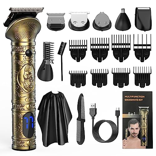 Cortapelos 6 en 1, kit de recortador de barba recargable tipo C para hombres con pantalla LCD y 8 peines guía