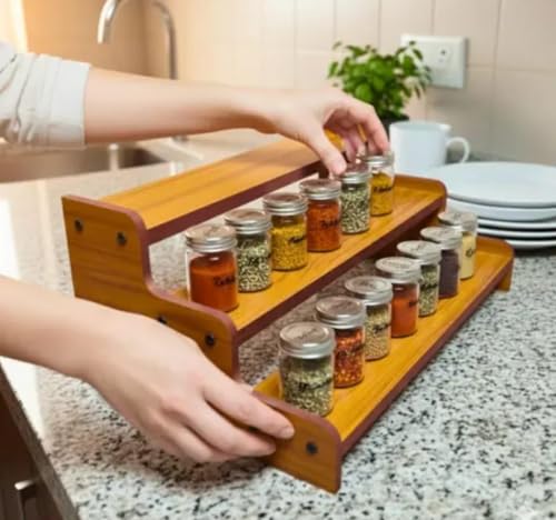 Image of 13.8-Inch Wooden 3-Tier Spice Rack Organizer, Countertop Step Shelf for Kitchen Pantry Cabinets, Seasoning Jars, and Baking Supplies
