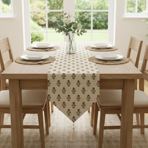 Image of COZY FURNISH Floral Printed Microfiber Cotton Table Runner for 6 Seater Dining Table & Runner with Tassels - 13x72 Inches Decorative Home Kitchen Table Linen