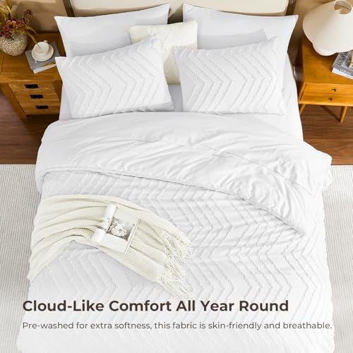Image of Litanika White Comforter Full Size Set with Sheets - 7 Pieces Boho Bed in a Bag Chevron Tufted Complete Bedding Sets Lightweight All Season Bed Set with Comforter, Sheets, Pillowcases & Shams