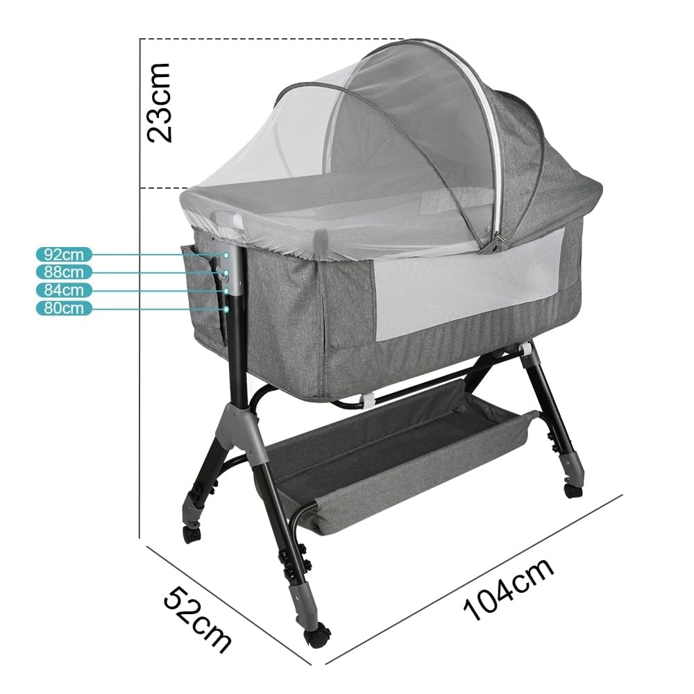 Kedia Babybett, Beistellbett, Kinderbett mit Moskitonetz, Kinderreisebett mit Rollen, 4 Höhenverstellung, Babybetten Stubenwagen, 104 * 52 * 103-115cm (grau)