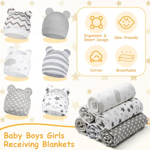 Image of Ramede 6 Set Baby Swaddle Blanket and Hat, 100% Cotton Newborn Receiving Blanket Wrap with Headband, 31.5 inch Soft, Breathable for Girl Boy Nursery Sleep Cradle Sheet Breastfeed Cover(Star,Grey)