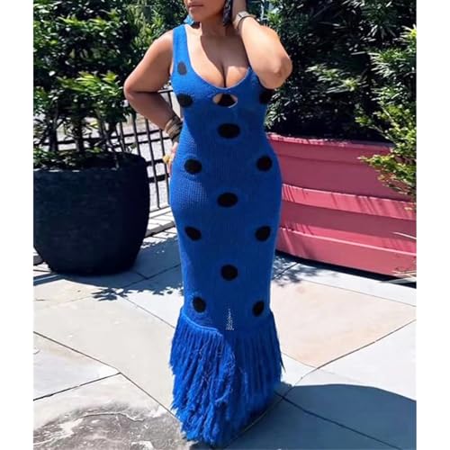 Women Dress Knitted Polka Dot Long Sexy Hollow Out Tassel Night Club Evening Party Beach Holiday Dress4