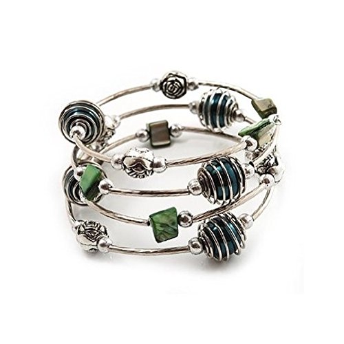 Rivenbert Bracelet Vert Forêt Tonalité Argenté, Perlé, Fil Multibrin Flexible by