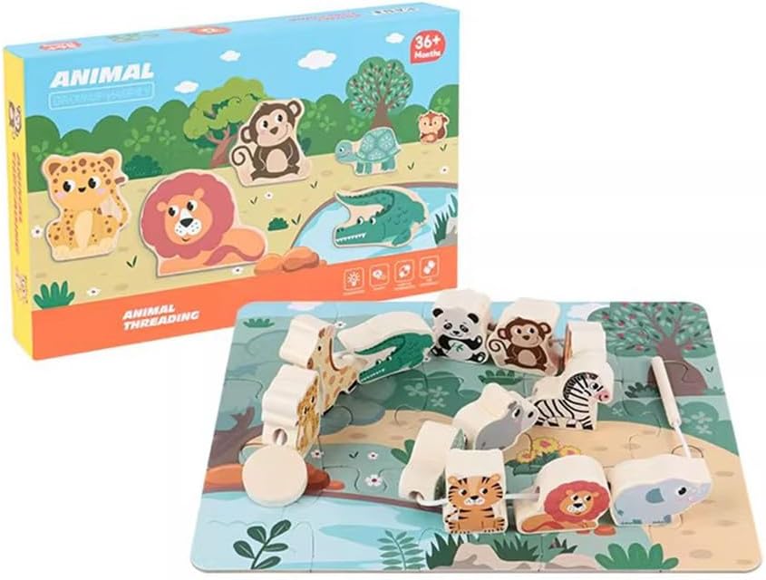 12 Animal Wooden Threading Toy, Montessori Fine Motor Skill Development Toy for Toddlers