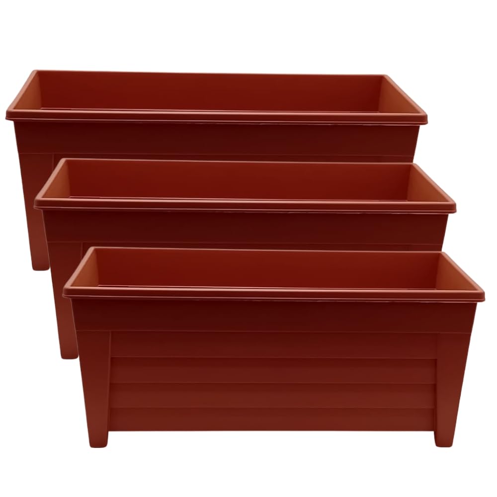 ALEEZ 55cm Long Trough Window Plant Pot - Plastic Planter Pot - Indoor Outdoor Home Garden Flower Pots - Garden Window Herb Flower Box - Optional Drainage Hole (3, Terracotta)