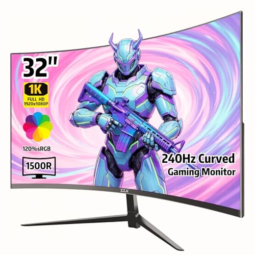 Image of ZZA 32 inch Curved Gaming Monitor, FHD 1920x1080, VA, 1ms 240Hz, FreeSync Premium, DP 1.4 / HDMI 2.0, VESA Compatible, Tilt Adjustable