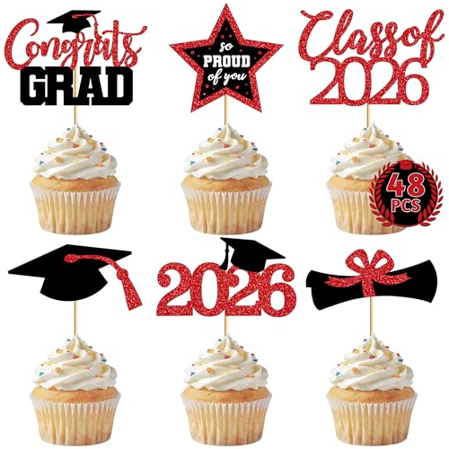 Image of 48 PCS Graduation Cupcake Toppers, Glittery 6 Styles Congrats Grad Cake Topper, Black and Red Graduation Decorations 2026, Cap and Diploma Cake Picks for Grad Party Supplies