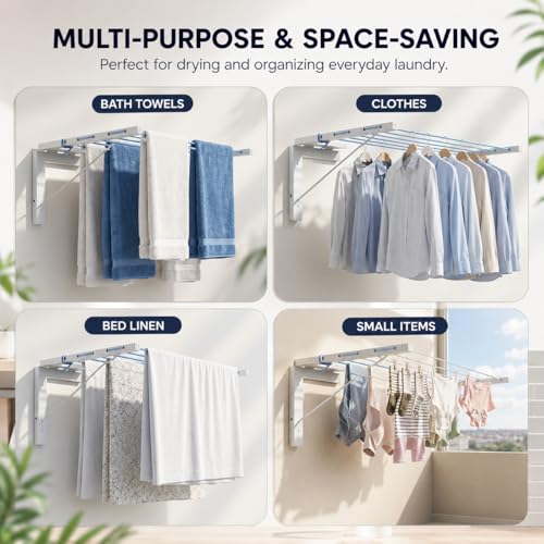 Image of Heavy Duty 5 Layer Wall Mount Cloth Drying Stand for Balcony with 50 Feet Rope | Foldable Clothes Drying Stand | Wall Mounted Cloth Drying Stand (L Type)