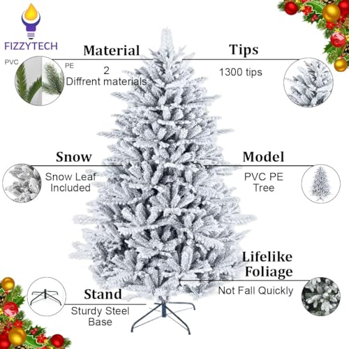 Image of fizzytech 6 Feet Premium PE & PVC Snow Flocked Christmas Tree with 1427 Branch Tips, Sturdy Metal Stand, Easy Assembly, Realistic Pine Design, Perfect Christmas Decoration for Home & Office