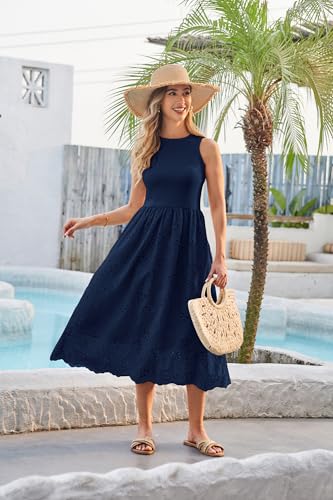 GRACE KARIN Women's Summer Sleeveless Tank Dress A Line Midi Dress Eyelet Crewneck Casual Holiday Dress with Pockets3