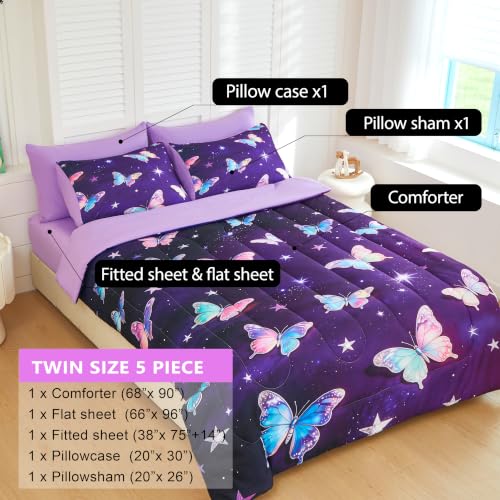 Image of Twin Comforter Set for Girls 5 Piece Purple Butterfly Bedding Set for Girls Super Soft Microfiber Bed Set Bed in a Bag with Comforter Sheets Pillowcase & Sham (5 Piece Twin Size)