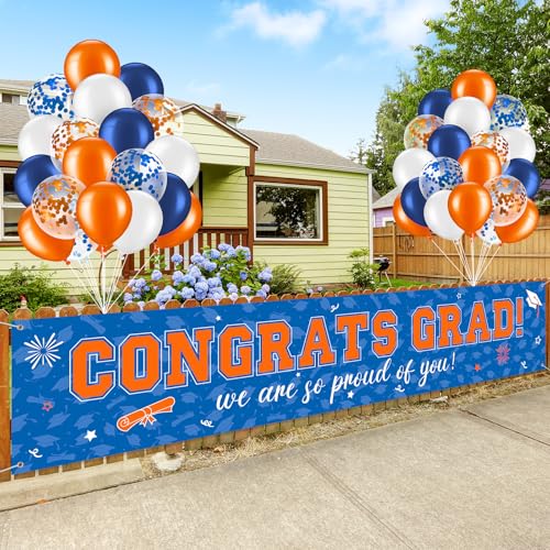 Image of 37Pcs Graduation Banner Balloon Decorations Class of 2026, Congrats Grad Banner Yard Outdoor Decorations, Graduation Balloons Banner Set for High School College Graduation Party Supplies, Blue Orange