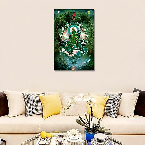 Image of Tamatina Thangka Canvas Painting|Tara Goddess On Pink Flower |Size-36X24 Inches.h379