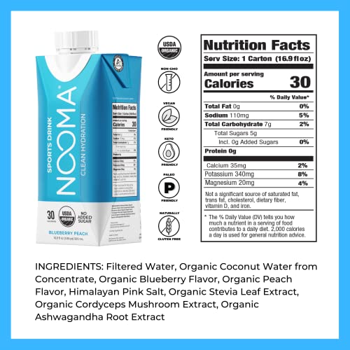 Nooma Organic Electrolyte Sports Drink | Electrolyte Drink With Organic Coconut Water | Workout Hydration Drink With No Added Sugar | 30 Calories | Pack Of 12 Sports Drinks (16.9Oz) | Blueberry Peach #TOP2