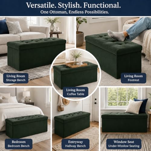 Image of ALASDO 43 Inch Folding Storage Ottoman Bench with Hidden Storage, Velvet Storage Ottoman Foot Rest Stool, End of Bed Bench for Bedroom, Living Room, Entryway and Closet, Dark Green