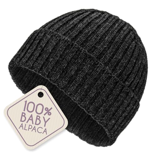 ALPALOVE 100% Baby Alpaca Worsted Beanie Anthracite Unisex Luxury Knit Winter Hat | Soft Warm & Lightweight | Made in Germany