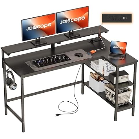 JOISCOPE L Shaped Gaming Desk with Shelves and Display Riser, Corner Computer Desk with USB and Type-C Outlet, Home Office Desk for Work, Writing and Study, 55 inches, Black Cover