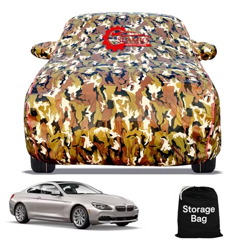 Image of 100% Waterproof Car Body Cover for BMW 5 Series GT with Mirror Pocket, Soft Cotton Lining, Triple Stitched, Full Bottom Elastic (Heat Resistant Jungle Print with Red Piping)