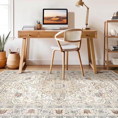 8x10 Area Rugs Living Room: Washable Boho Large Neutral Vintage Soft Rug Stain Resistant Farmhouse Non Slip Indoor Floor Carpet for Bedroom Nursery Kids Playroom Office Dining Room- Cream Blue