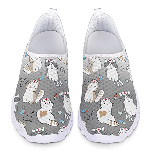 Dolyues Zapatos deportivos deportivos para mujer,Zapatillas de deporte transpirables de malla para correr, zapatos de trabajo para mujer, talla 2-10.5, Gris Negro Enfermera Gato Estampado, 40 EU Cover
