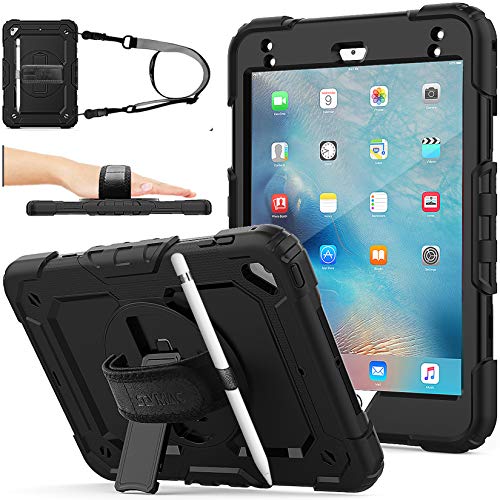 SEYMAC stock Funda para iPad Mini 5a/4a Generación, Funda de Protección contra Caídas Híbrida de con [Soporte Giratorio 360] Correa de Mano [Porta Lapices] para iPad Mini 5/Mini 4 7.9 Pulgadas(Negro)