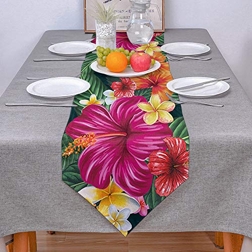 Bedsweet Linen Burlap Table Runner Dresser Scarves For Dining Room Tropical Leaf Flowers Hibiscus Plumeria Floral Plant Theme Table Runners For Farmhouse Kitchen,Machine Washable 13 X 90 Inch #TOP2