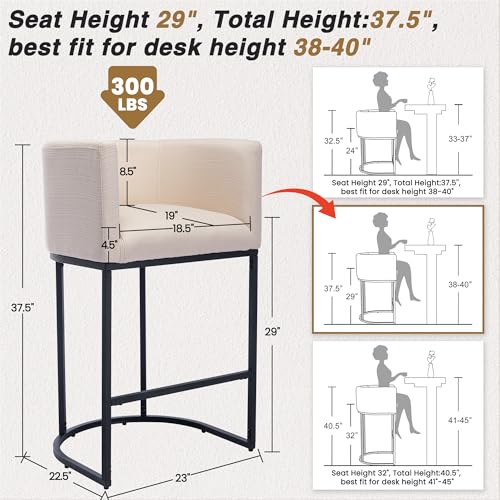Image of HNY Modern Counter Height Linen Fabric Cream Upholstered Counter Stool, 29 Inch Kitchen Island Stool with Black Tubular Frame