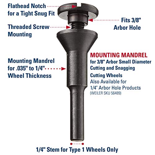 Weiler 56089 Die Grinder Cut-Off Wheel and Mandrel Kit Including 56490 Mandrel and 3-Inch x 1/16" Wolverine T1 Thin Wheels, A36T, 3/8" AH (1 Mandrel and 10 Cutting Discs)