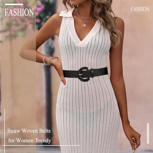 Image of Straw Woven Elastic Belt for Women Stretchy Belts for Dress Fashion Boho Waist Belt Rattan Raffia Ladies Belts
