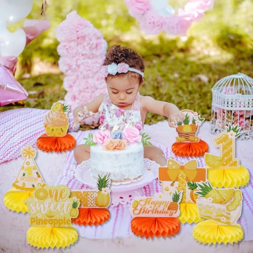 Image of 9pcs Summer Tropical Pineapple First Birthday Honeycomb Centerpieces Sweet One Pineapple Party Table Decorations Party Like A Pineapple Table Topper Sign Centerpieces for Baby Shower 1st Birthday