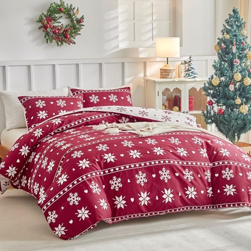 Tokokimo Weihnachts-Bettwäsche-Set für Doppelbett, rote Bettwäsche – Schneeflocken-Druck, Weihnachts-Doppel-Bettwäsche-Set (1 x Bettbezug, 2 x...